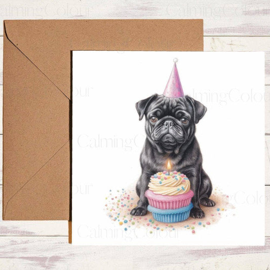 Black Pug with a Birthday Cake | Birthday Card | Birthday Card