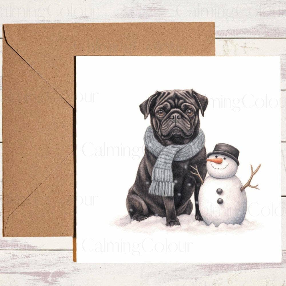 Black Pug with an Adorable Snowman | Christmas Card | Christmas Card