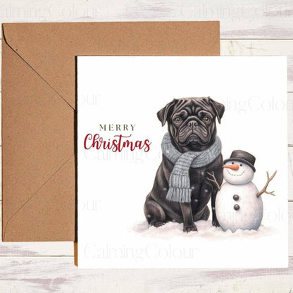 Black Pug with an Adorable Snowman | Christmas Card | Christmas Card