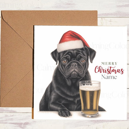 Black Pug with Pint | Christmas Greeting Card | Christmas Card
