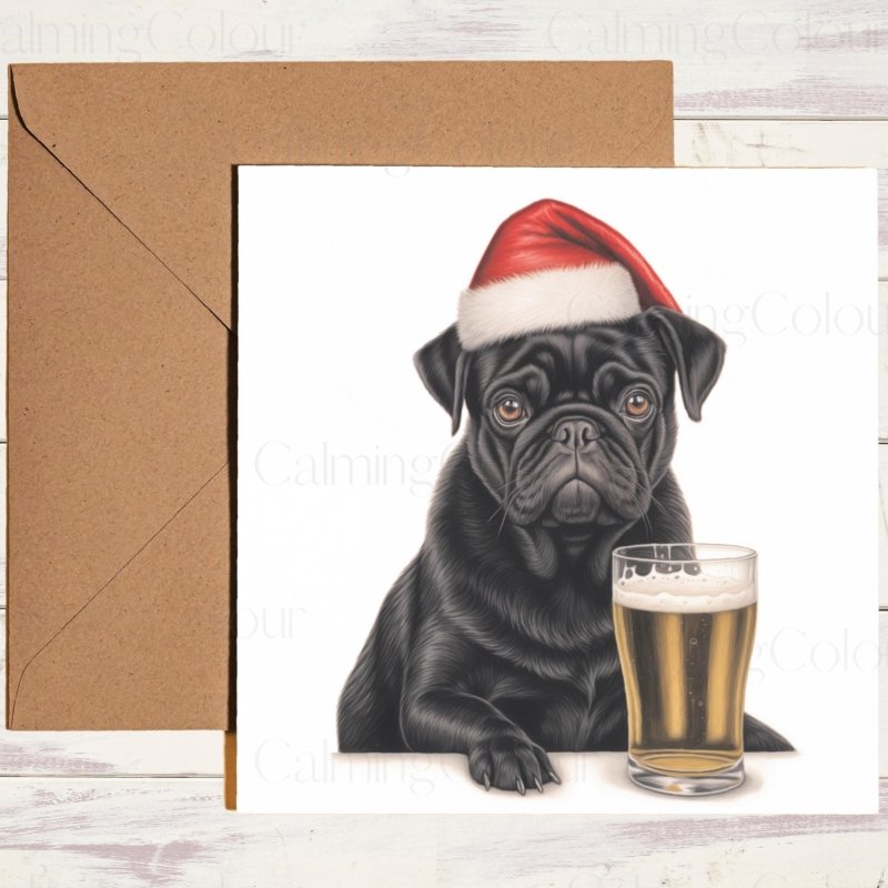 Black Pug with Pint | Christmas Greeting Card | Christmas Card
