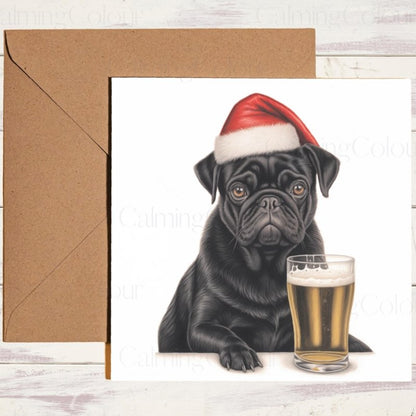 Black Pug with Pint | Christmas Greeting Card | Christmas Card
