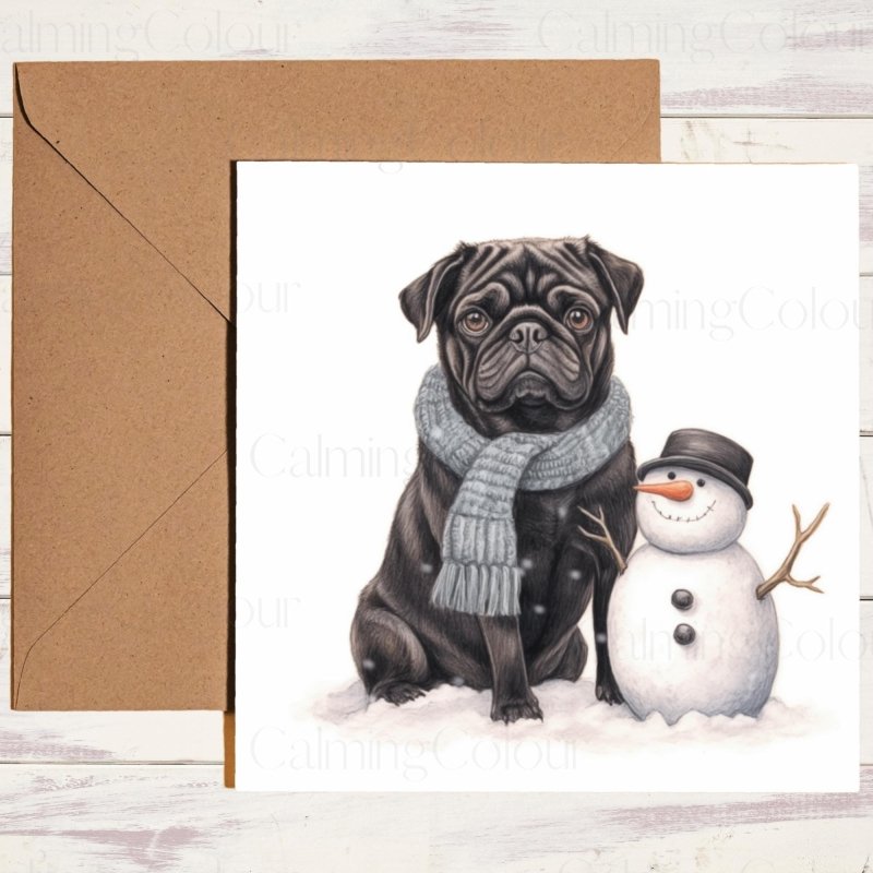 Black Pug with Snowman | Personalised Christmas Card | Christmas Card