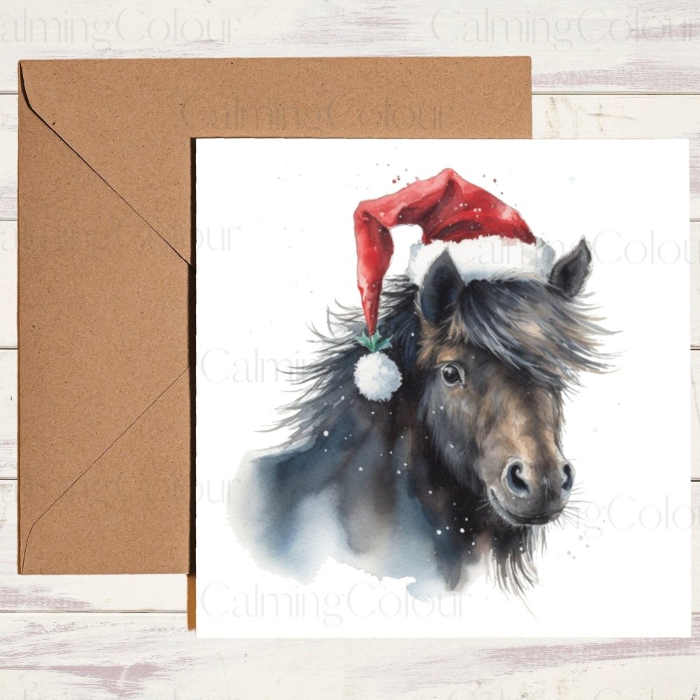 Black Shetland Pony wearing Red Santa Hat | Christmas Card | Calming Colour