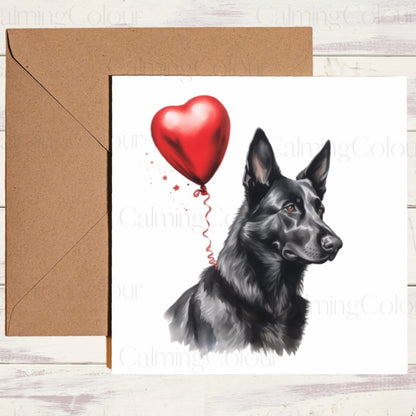 Black German Shepherd with Red Balloon | Greeting Card | Calming Colour