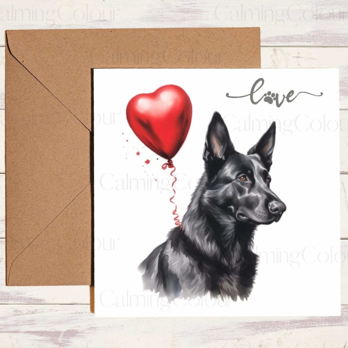 Black German Shepherd with Red Balloon | Greeting Card | Calming Colour