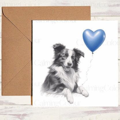 Border Collie with Blue Balloon | Father's Day Card | Calming Colour