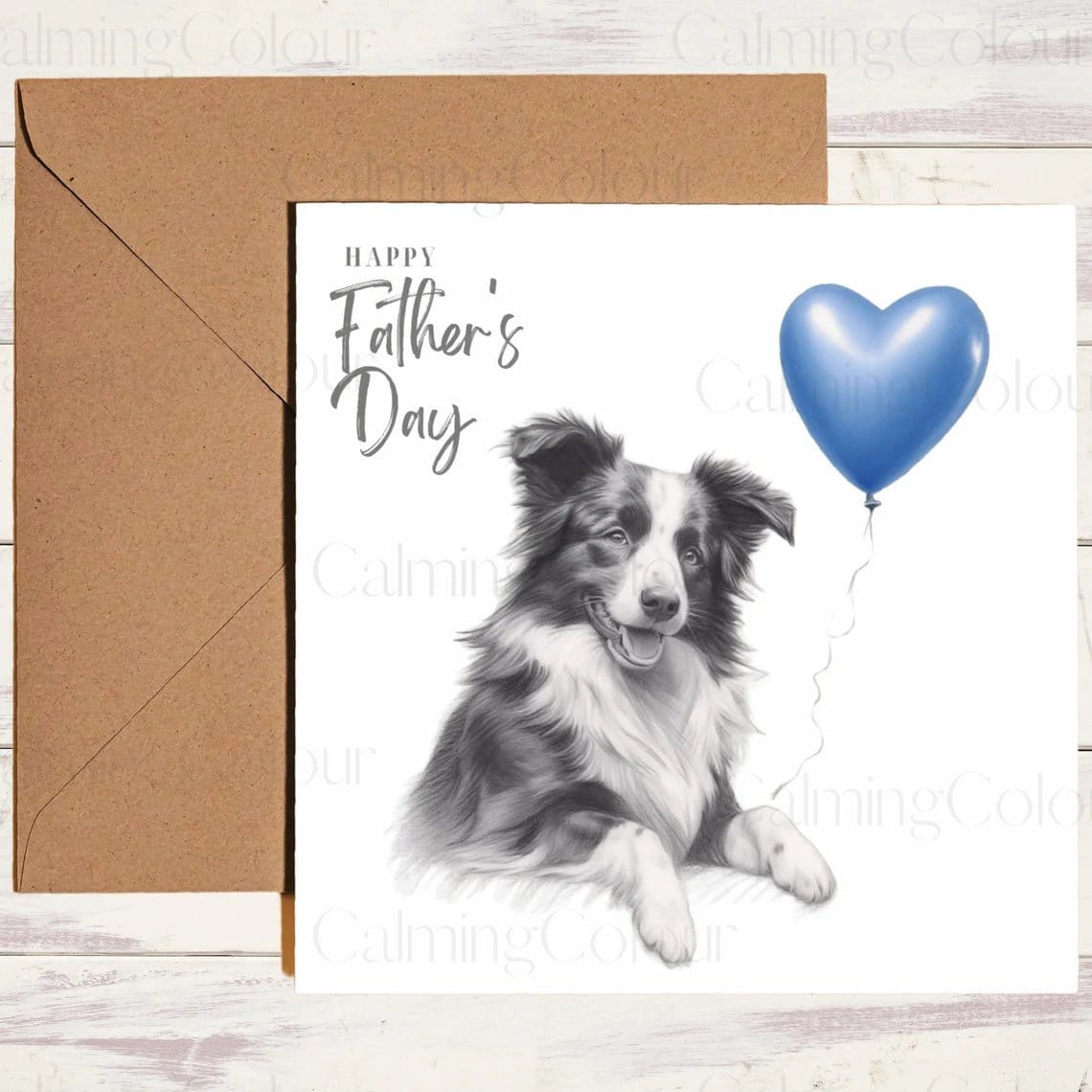 Border Collie with Blue Balloon | Father's Day Card | Calming Colour