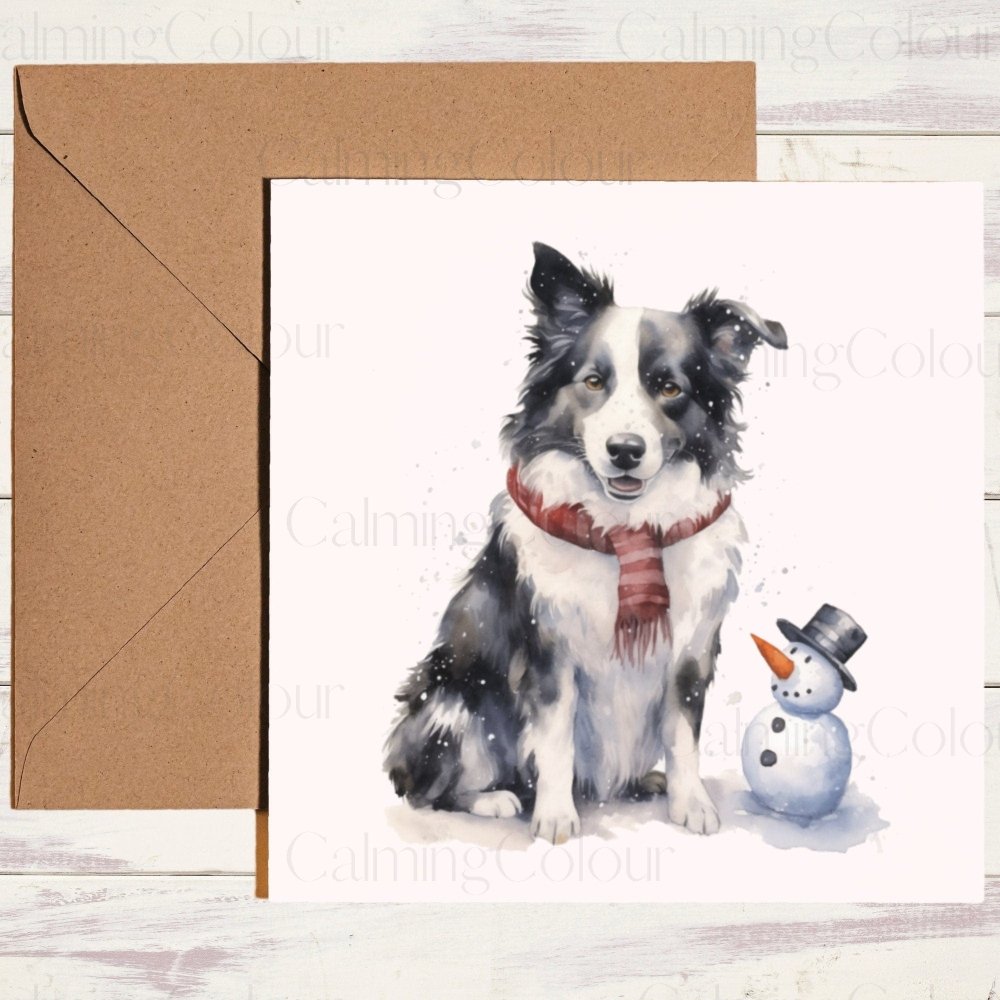 Border Collie with Mini Snowman | Christmas Card | Calming Colour