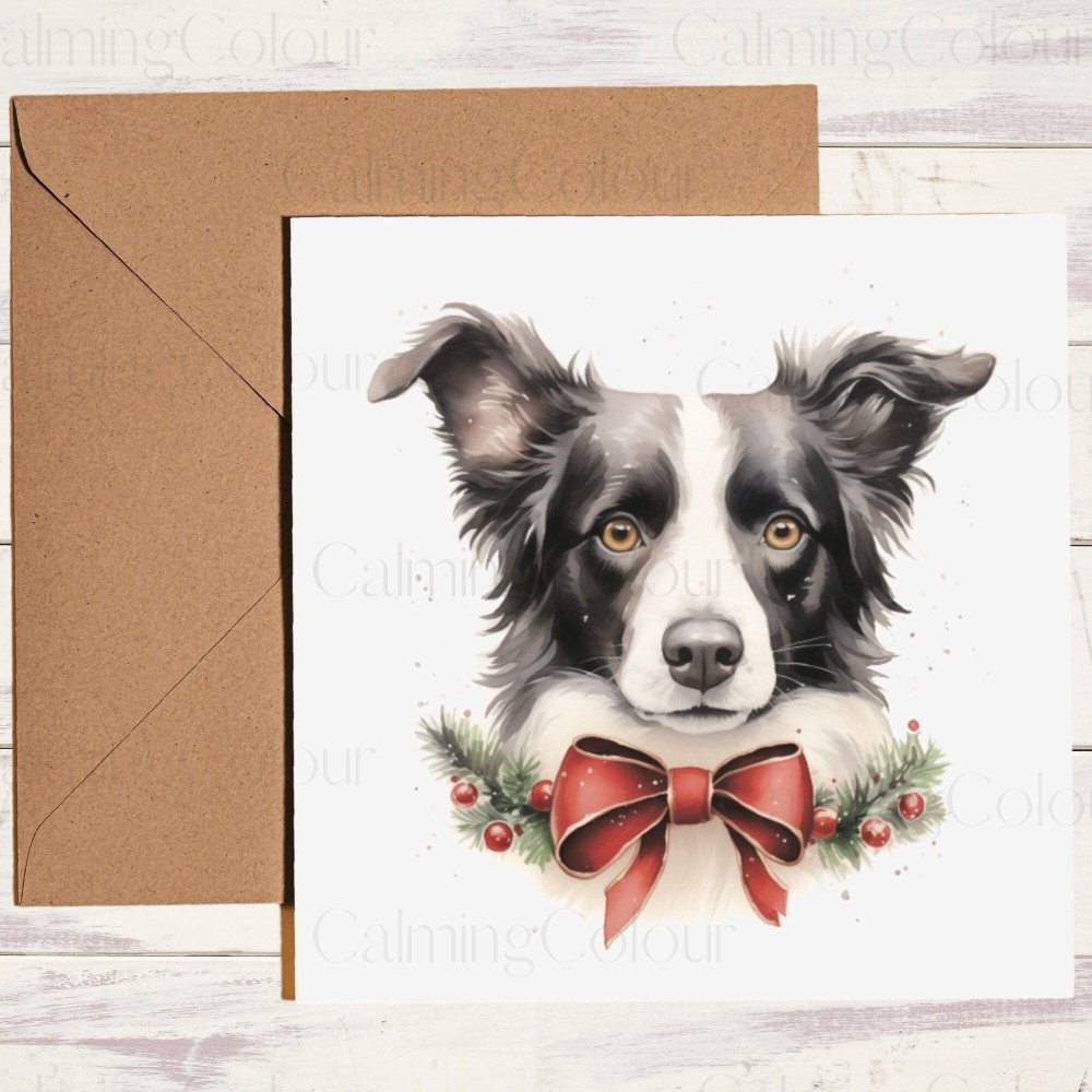 Border Collie with Red Bow Tie | Christmas Card | Calming Colour