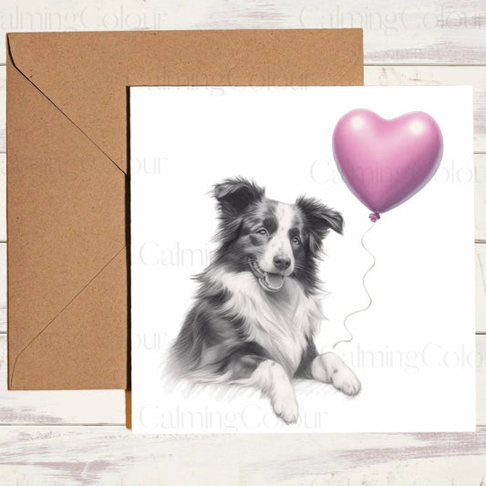 Border Collie with Red Heart Balloon | Greeting Card | Calming Colour