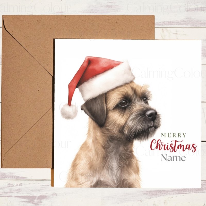 Border Terrier | Dressed in Santa Hat Christmas Card | Christmas Card