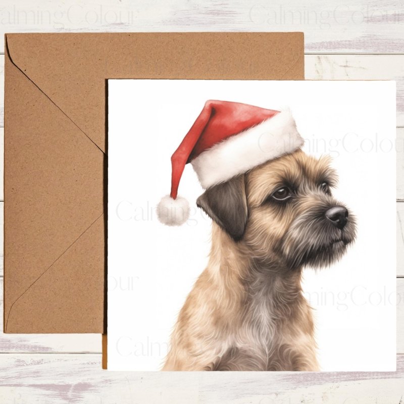 Border Terrier | Dressed in Santa Hat Christmas Card | Christmas Card