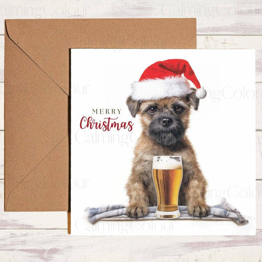 Border Terrier wearing Red Santa Hat, Having a Pint | Christmas Card | Christmas Card