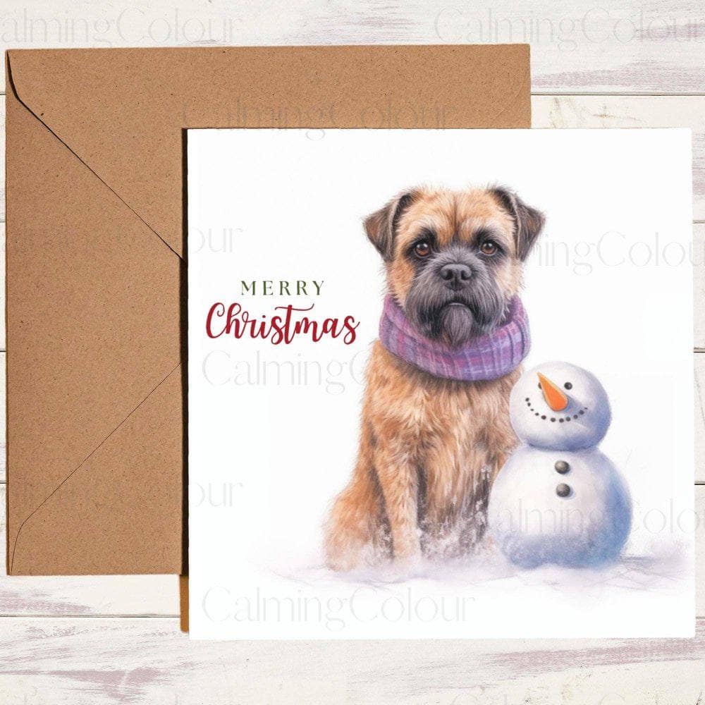 Border Terrier wearing Scarf and sat with Snowman | Christmas Card | Christmas Card