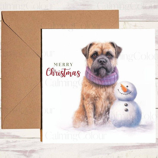 Border Terrier wearing Scarf and sat with Snowman | Christmas Card | Christmas Card