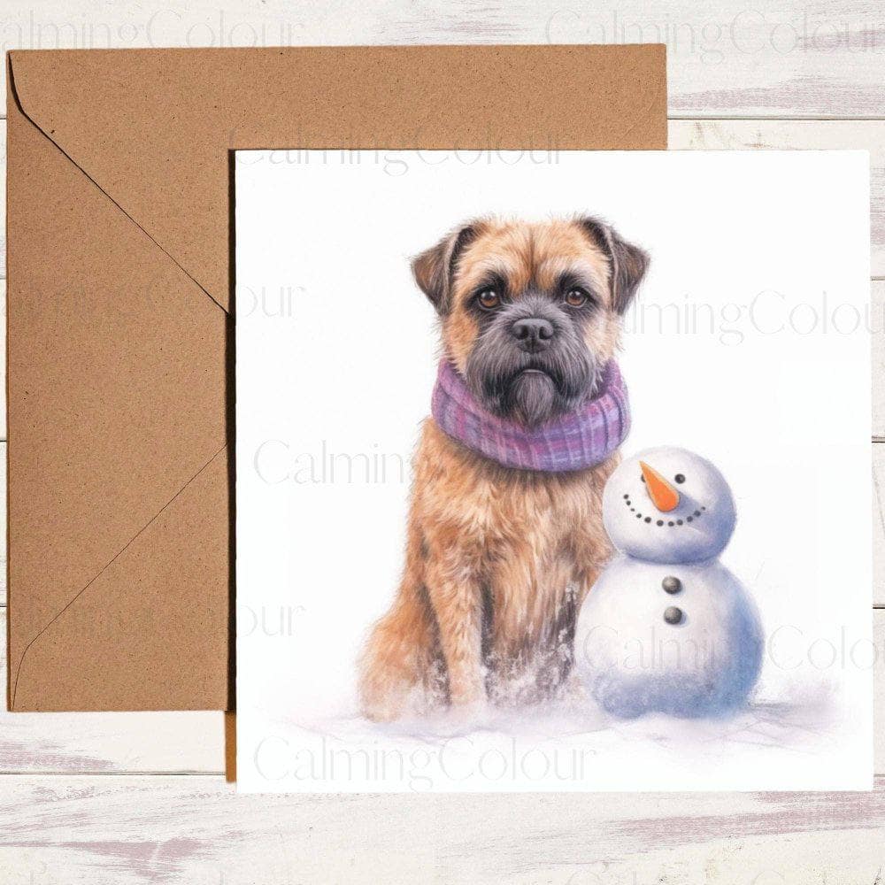 Border Terrier wearing Scarf and sat with Snowman | Christmas Card | Christmas Card