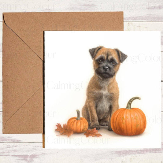 Border Terrier with Pumpkin | Birthday Card | Halloween | Calming Colour