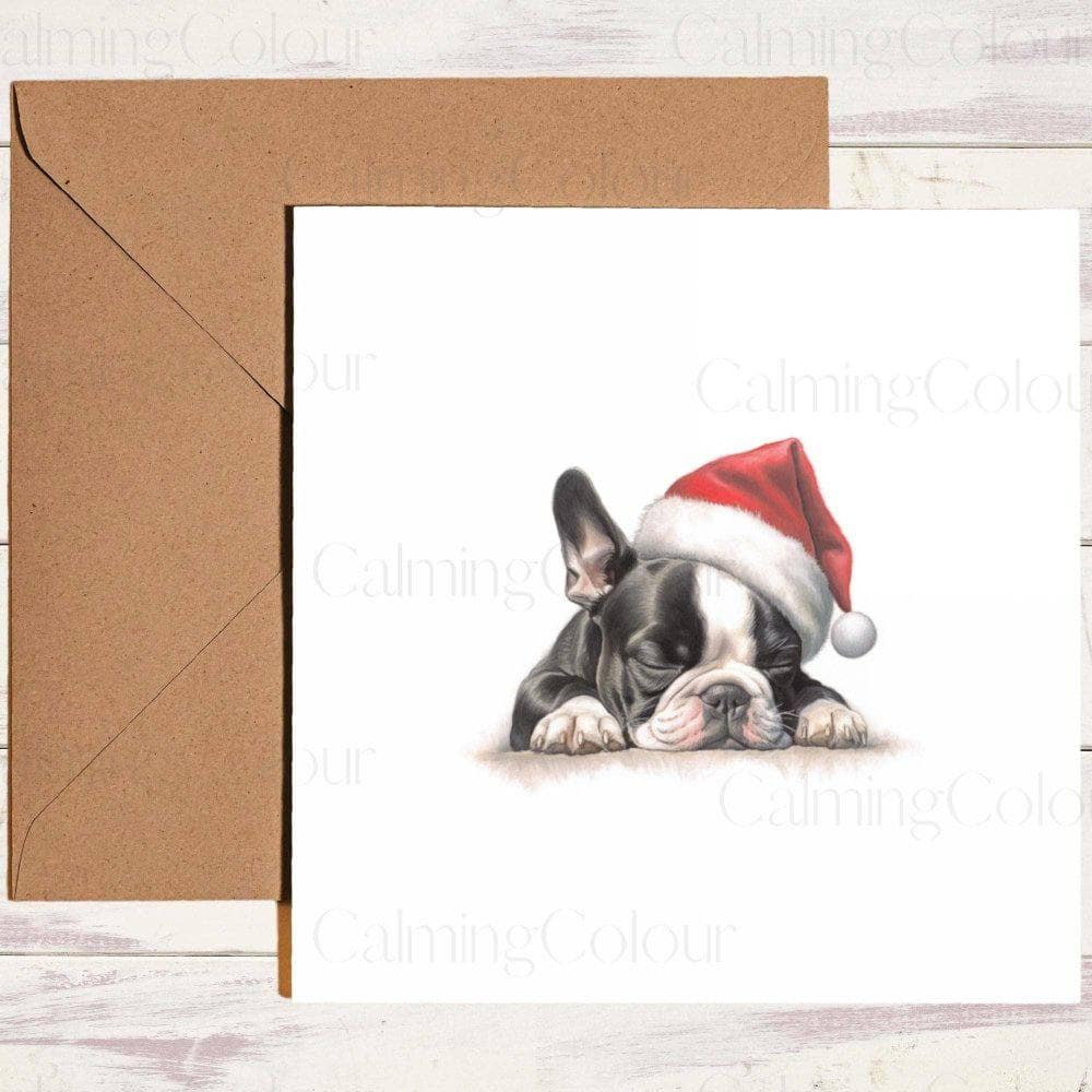 Boston Terrier Sleeping and wearing Red Santa Hat | Christmas Card | Christmas Card