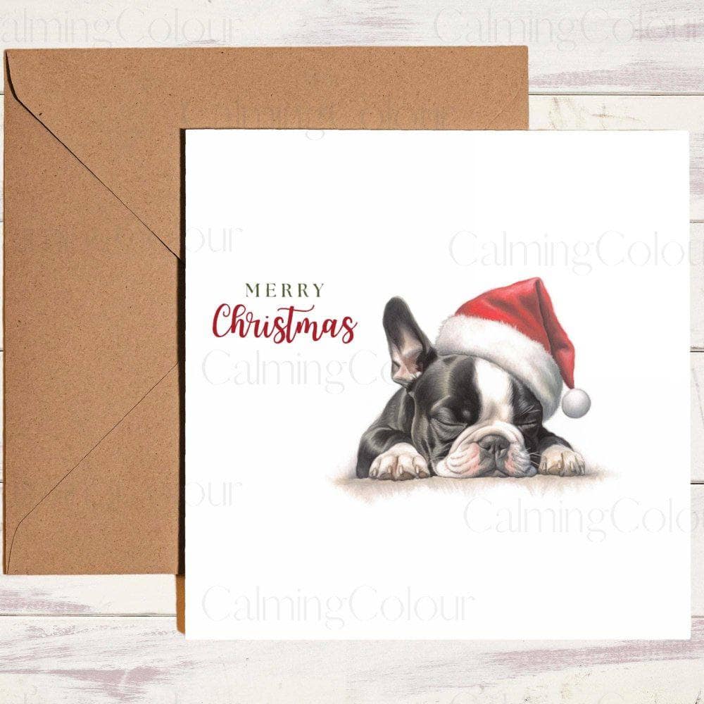 Boston Terrier Sleeping and wearing Red Santa Hat | Christmas Card | Christmas Card