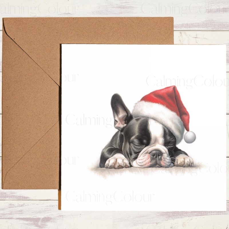 Boston Terrier Snoozing at Christmas | Festive Card | Christmas Card
