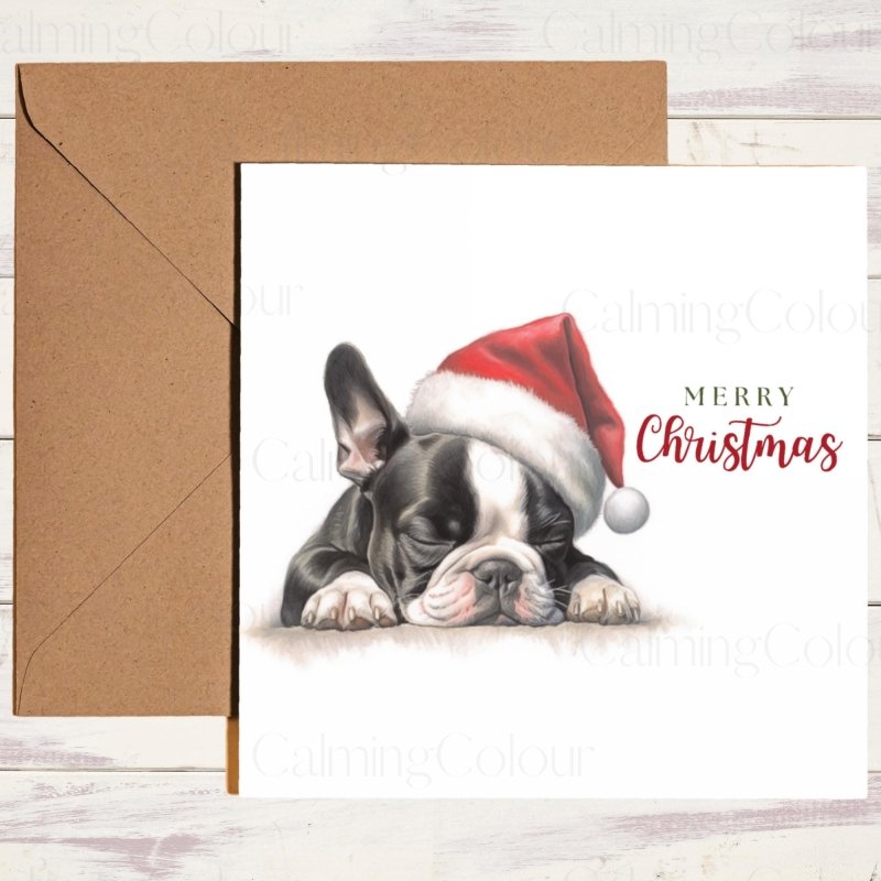 Boston Terrier Snoozing at Christmas | Festive Card | Christmas Card