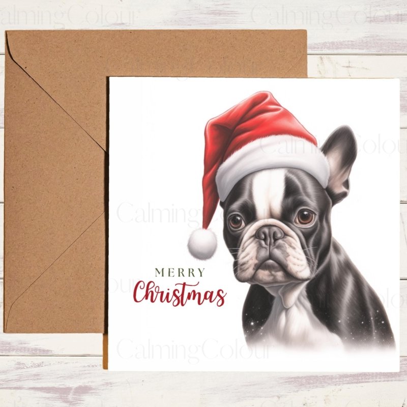 Boston Terrier with a Santa Hat | Christmas Card | Christmas Card