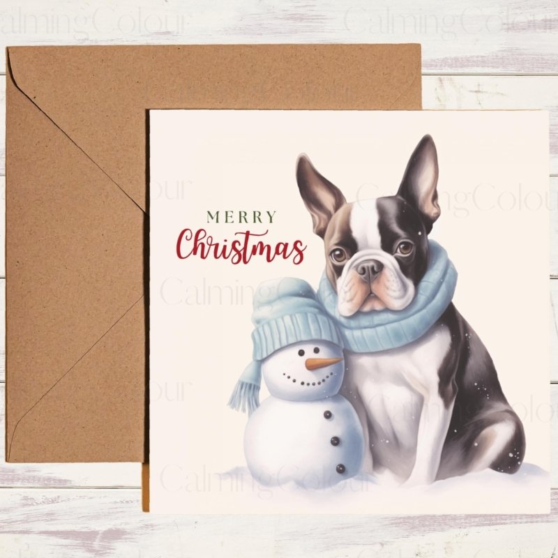 Boston Terrier with Mini Snowman | Christmas Card | Christmas Card