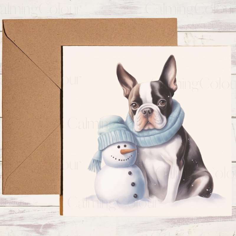 Boston Terrier with Mini Snowman | Christmas Card | Christmas Card
