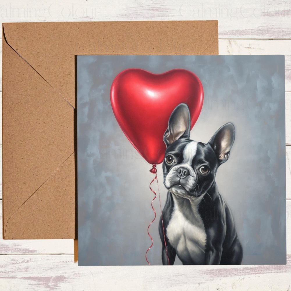 Boston Terrier with Red Balloon | Valentine's Card | With Love | Valentine's Day