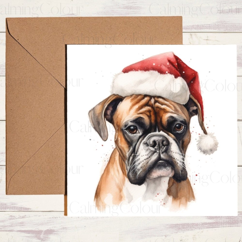 Boxer Dog wearing Red Santa Hat | Christmas Card | Calming Colour