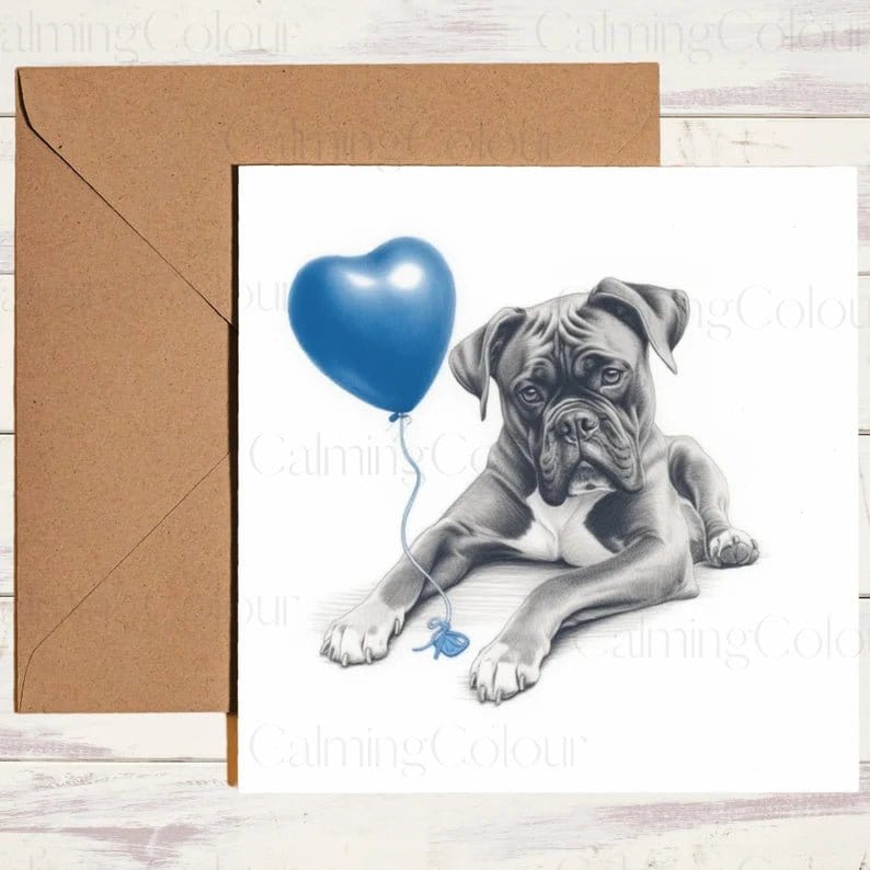 Boxer Dog with Blue Balloon | Greeting Card | Calming Colour