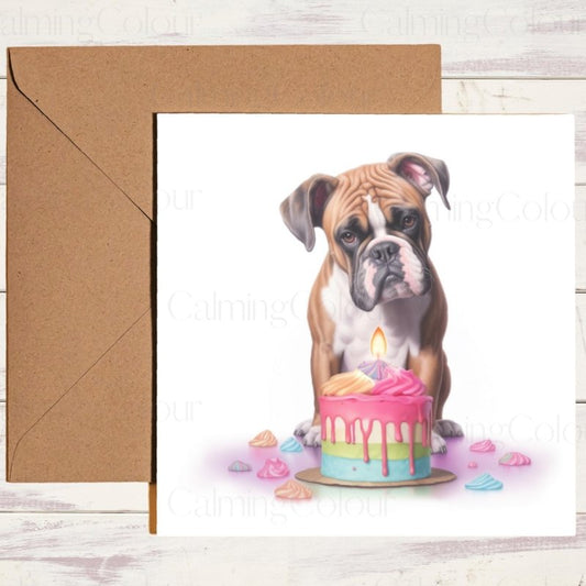Boxer Dog with Colourful Cake | Birthday Card | Birthday Card