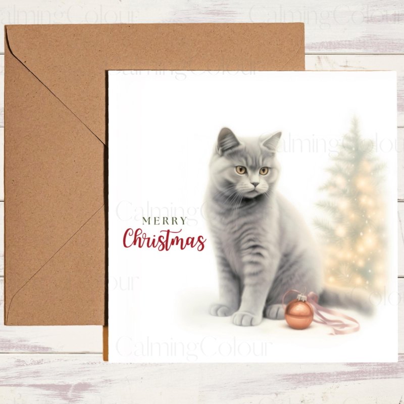 British Shorthair beside Christmas Tree | Christmas Card | Christmas Card