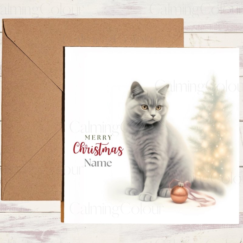British Shorthair beside Christmas Tree | Christmas Card | Christmas Card