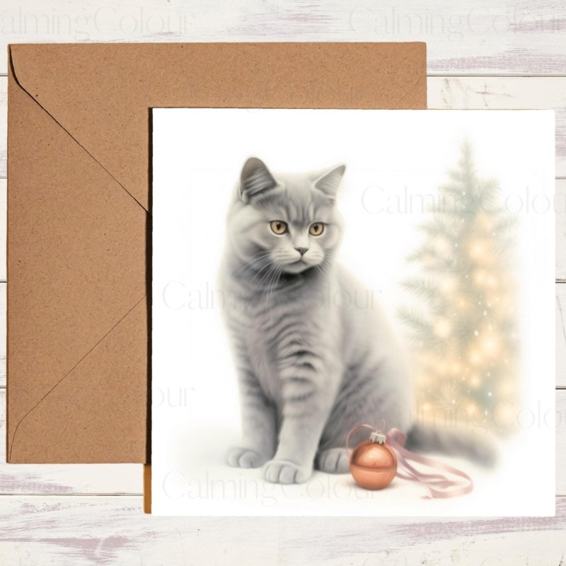 British Shorthair beside Christmas Tree | Christmas Card | Christmas Card
