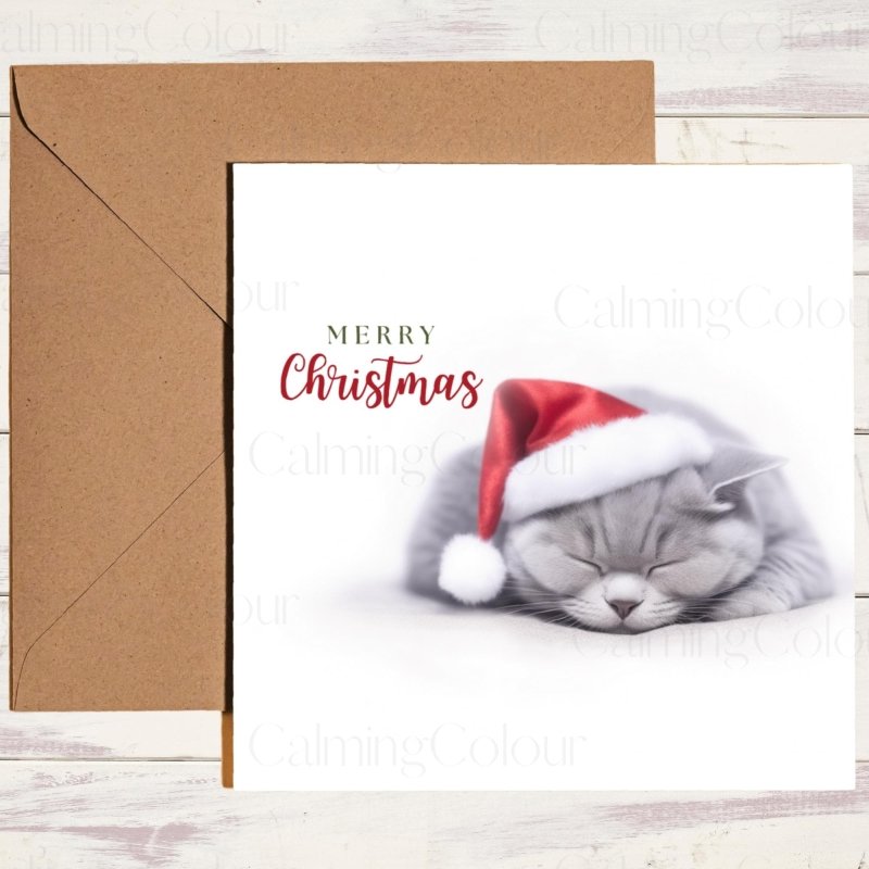 British Shorthair Cat Sleeping in Santa Hat | Christmas Card | Christmas Card