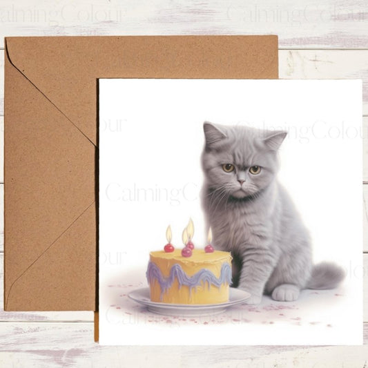 British Shorthair Cat with Colourful Cake | Birthday Card | Birthday Card