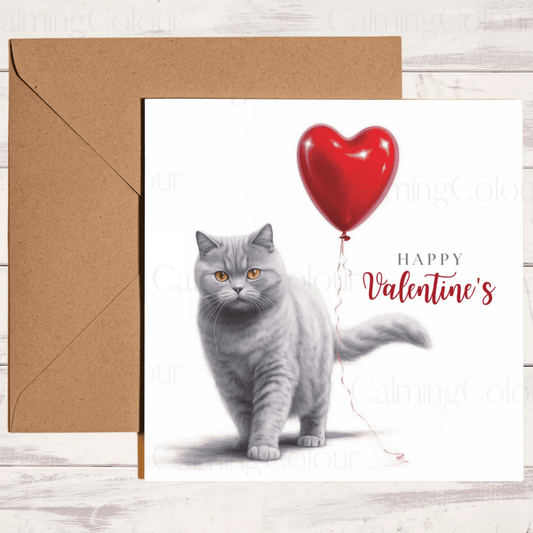 British Shorthair with Red Balloon | Valentine's Card | Valentine's Day