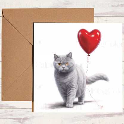 British Shorthair with Red Balloon | Valentine's Card | With Love | Calming Colour