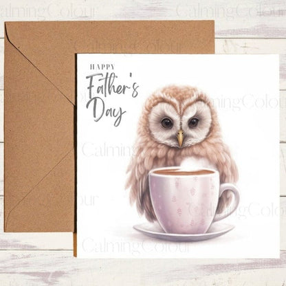 Brown Owl with TeaCup | Father's Day Card | Calming Colour