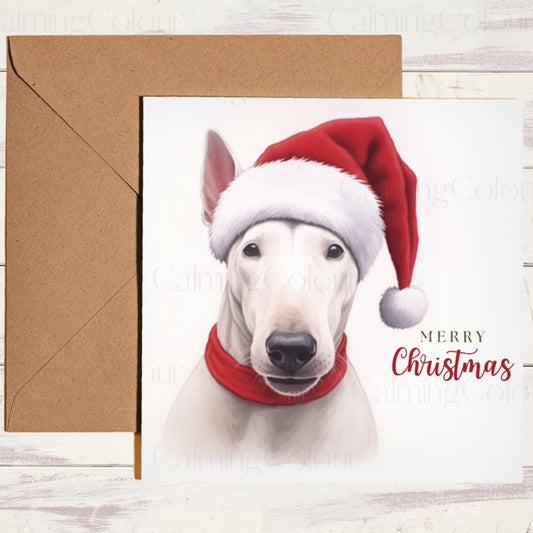 Bull Terrier wearing Santa Hat Christmas Card | Christmas Card
