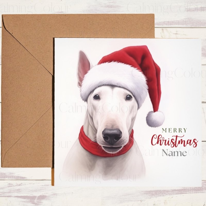 Bull Terrier wearing Santa Hat Christmas Card | Christmas Card