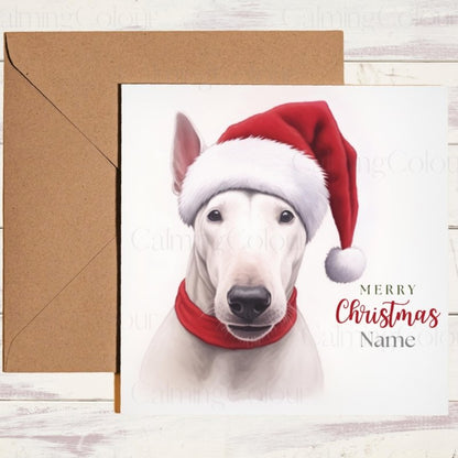 Bull Terrier wearing Santa Hat Christmas Card | Christmas Card