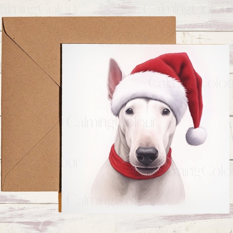Bull Terrier wearing Santa Hat Christmas Card | Christmas Card