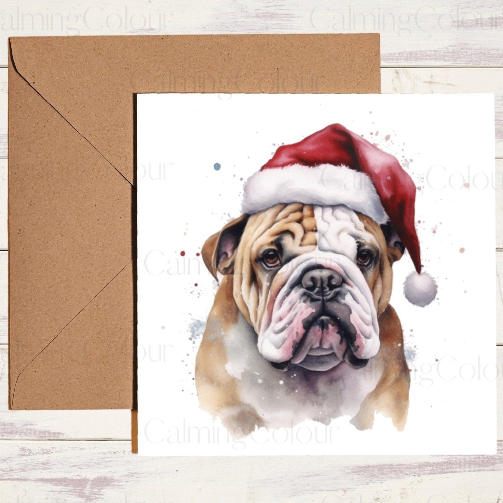 Bulldog wearing Red Santa Hat | Christmas Card | Calming Colour