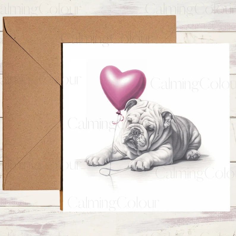 Bulldog with Red Heart Balloon | Greeting Card | Calming Colour