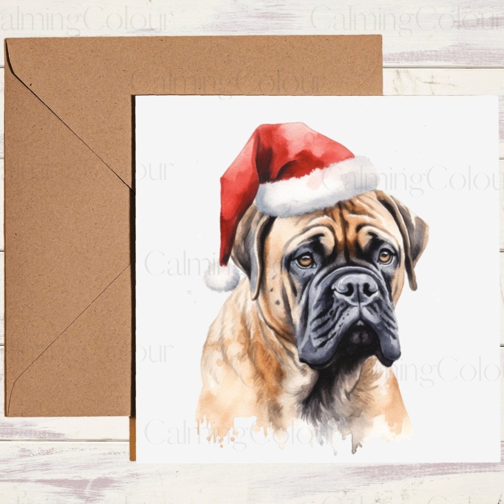 Bullmastiff wearing Red Santa Hat | Christmas Card | Calming Colour