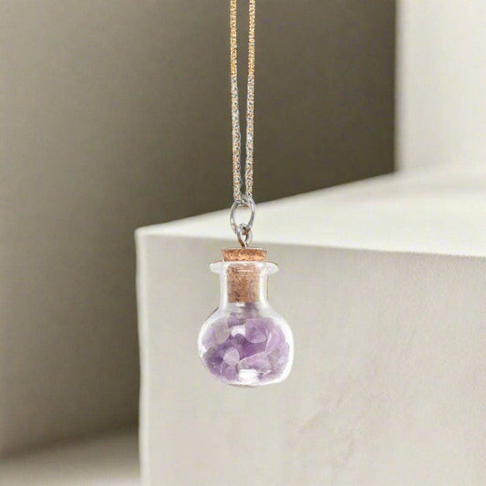 Calming Amethyst Crystal Chip Potion Bottle Necklace | Calming Colour