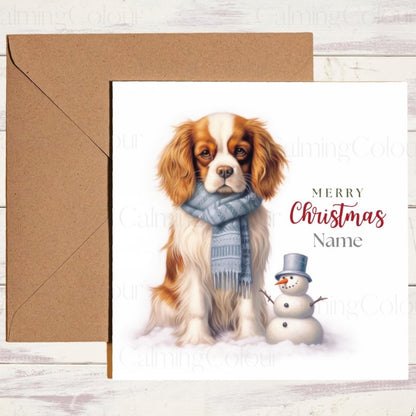 Cavalier King Charles Spaniel by Snowman | Christmas Card | Christmas Card